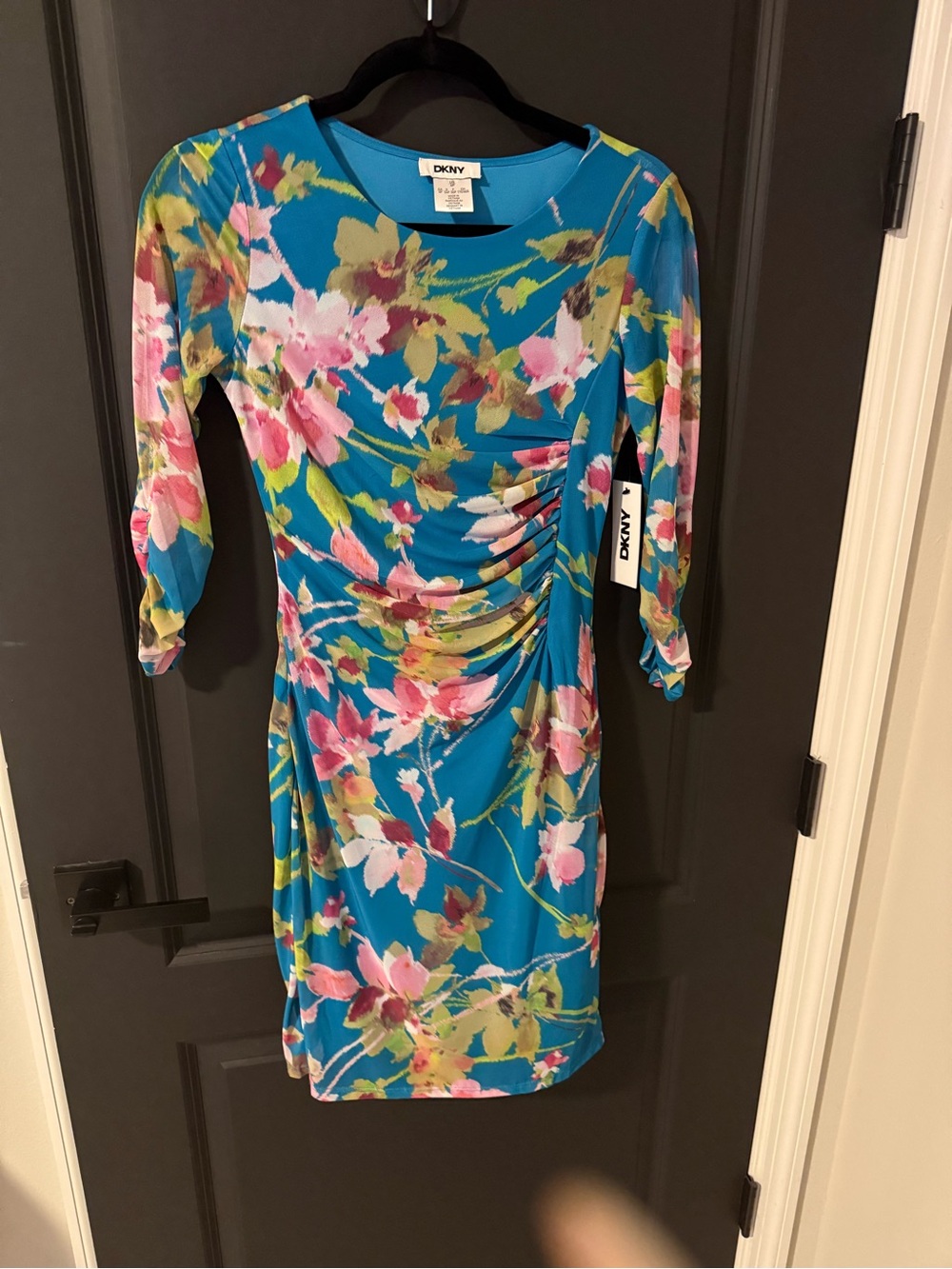 DKNY Teal Floral Ruched Midi Dress